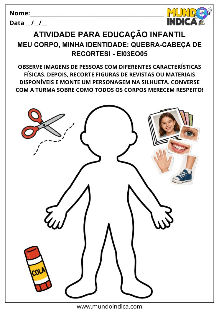 Atividade sobre diversidade corporal com silhueta humana para completar usando recortes e colagem de figuras