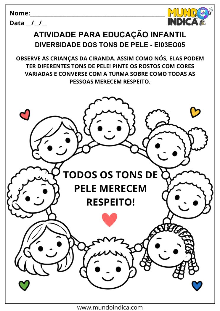 Atividade sobre diversidade dos tons de pele com crianças em uma ciranda para pintar e trabalhar o respeito às diferenças