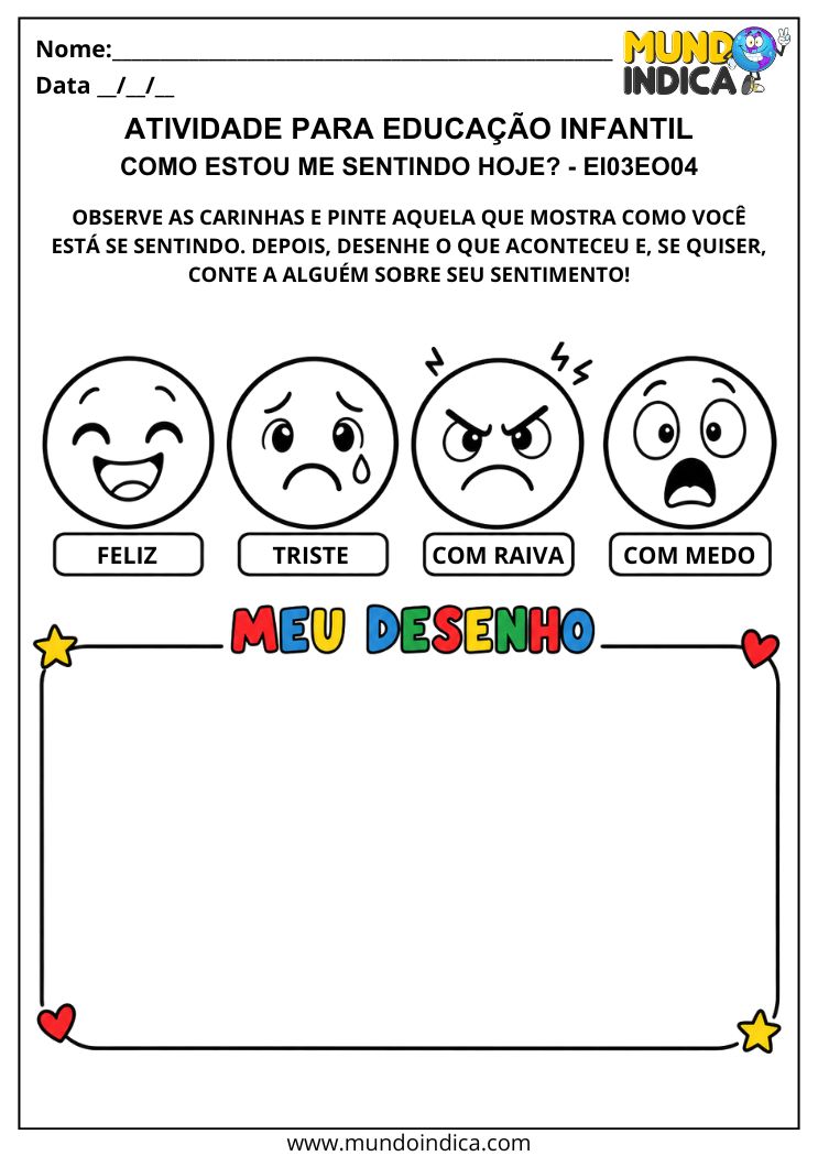 Atividade sobre emoções e sentimentos com carinhas de feliz, triste, com raiva e com medo para pintar e desenhar