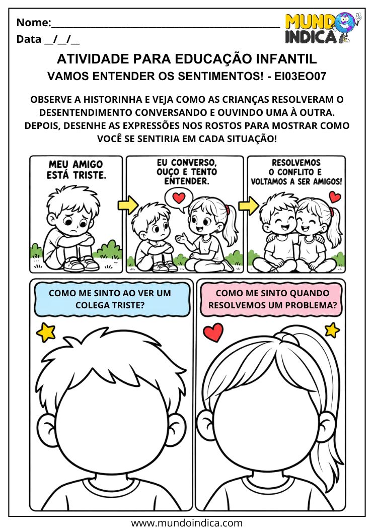 Atividade sobre empatia e respeito com tirinha de crianças conversando e rostos para completar expressões