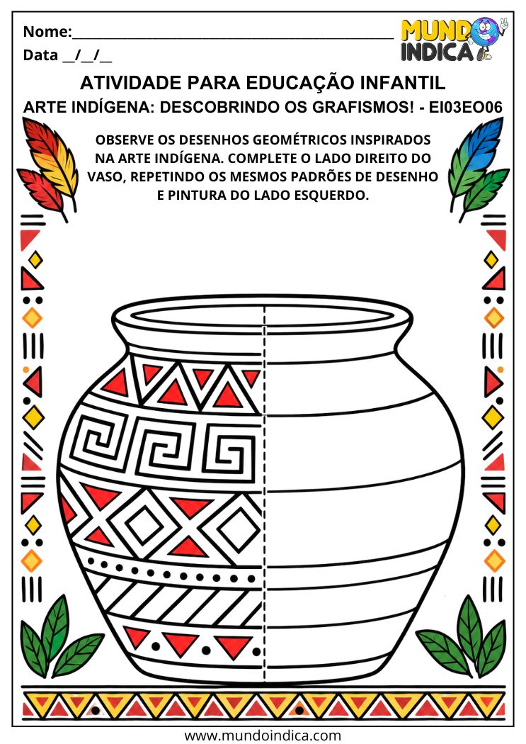 Atividade sobre grafismos indígenas com vaso para completar padrões geométricos e pintar o lado direito
