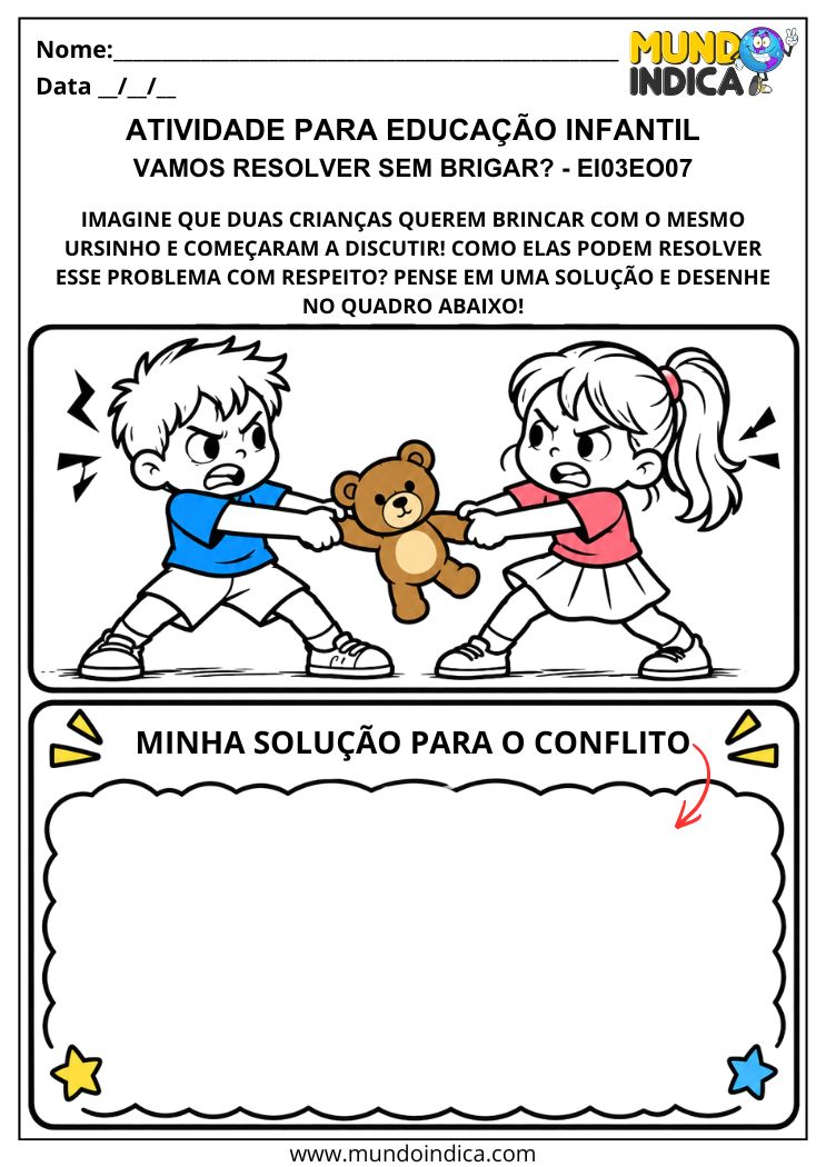 Atividade de resolução de conflitos com duas crianças disputando um urso de pelúcia e espaço para desenhar uma solução