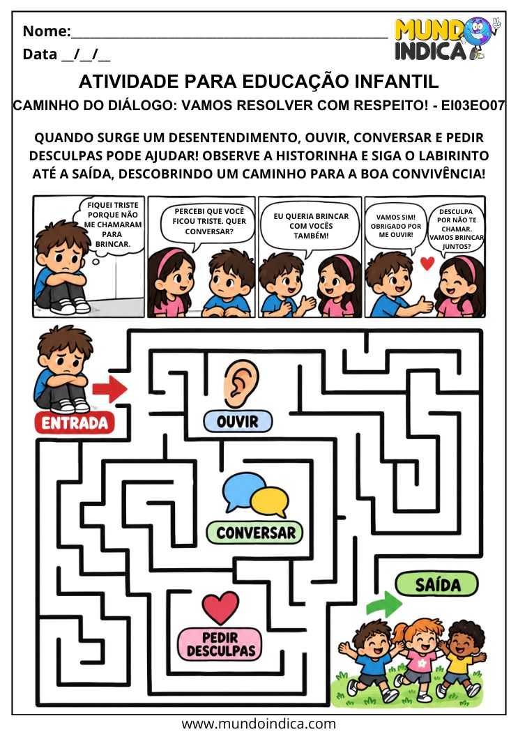 Atividade sobre diálogo com tirinha de reconciliação e labirinto com as palavras ouvir, conversar e pedir desculpas