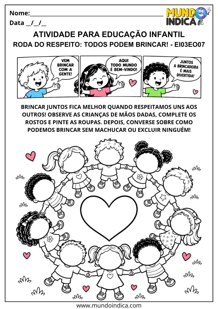 Atividade de respeito e inclusão com crianças de mãos dadas formando uma roda para completar os rostos e colorir