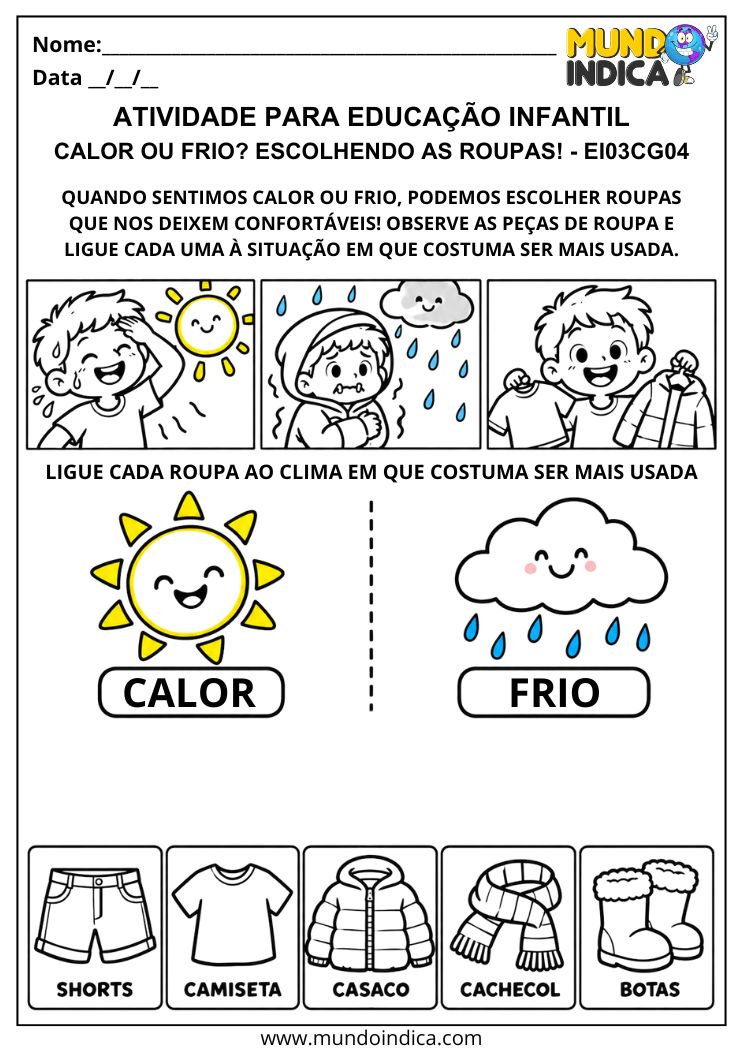 Atividade sobre roupas para calor e frio com shorts, camiseta, casaco, cachecol e botas para ligar às temperaturas