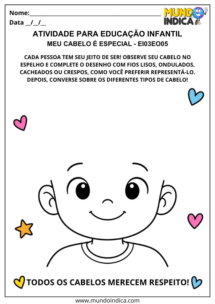 Atividade Meu Cabelo É Especial para completar o desenho do rosto representando diferentes tipos de cabelo