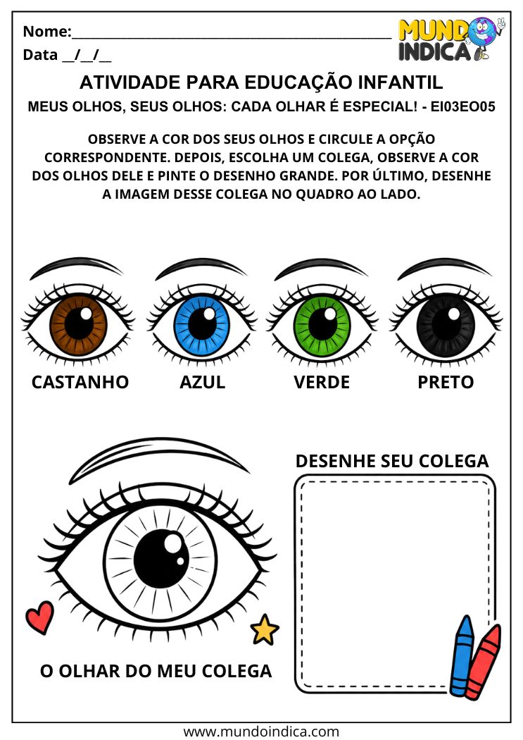 Atividade sobre a cor dos olhos para observar, circular e pintar características físicas na Educação Infantil