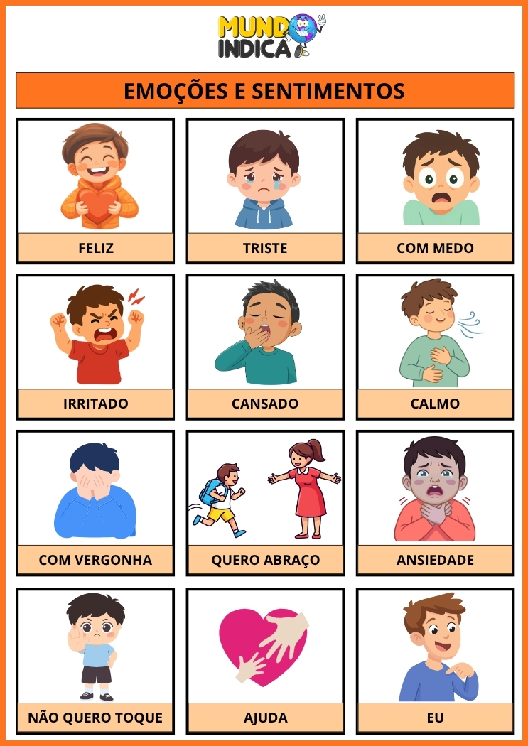 Prancha de Comunicação para Autismo com Emoções e Sentimentos para imprimir