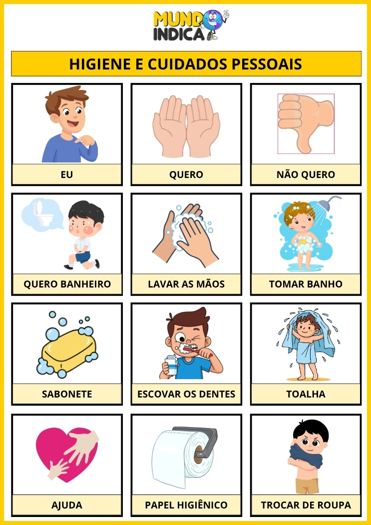 Prancha de Comunicação para Autismo com Higiene e Cuidados Pessoais para imprimir